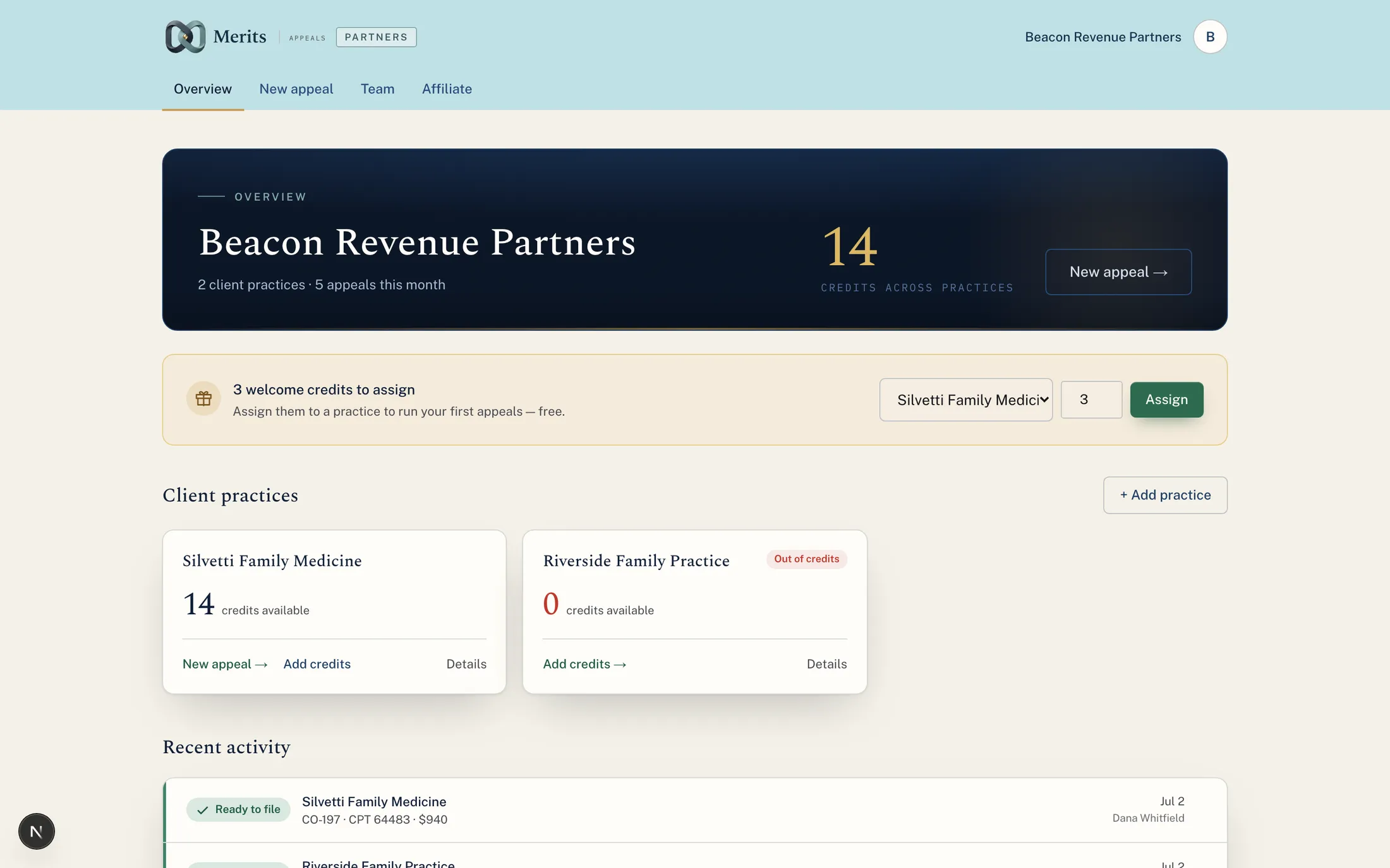 The Merits partner dashboard: client practices, pooled credits, and appeals this month
